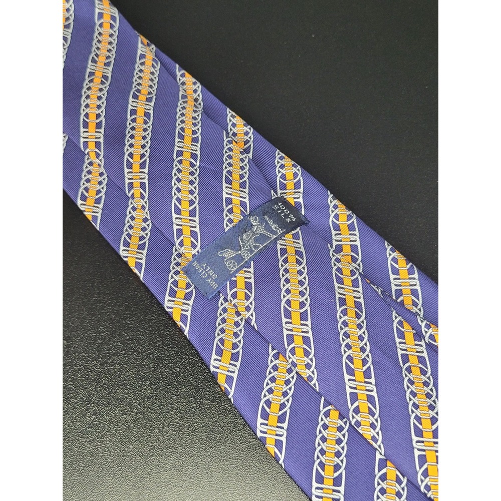 Hermes Mens Silk Necktie Purple Yellow Chain Link 5402 OA Made in France